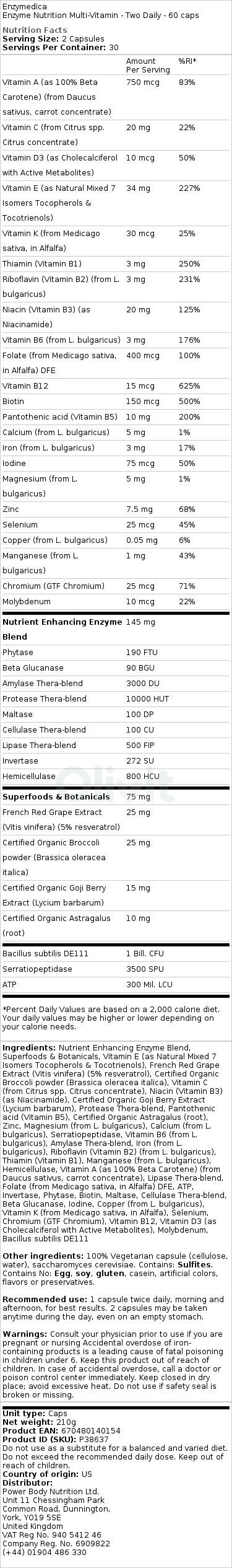 Enzym Nutrition Monivitamiini - Kaksi päivittäin - 60 kapselia - Image 2