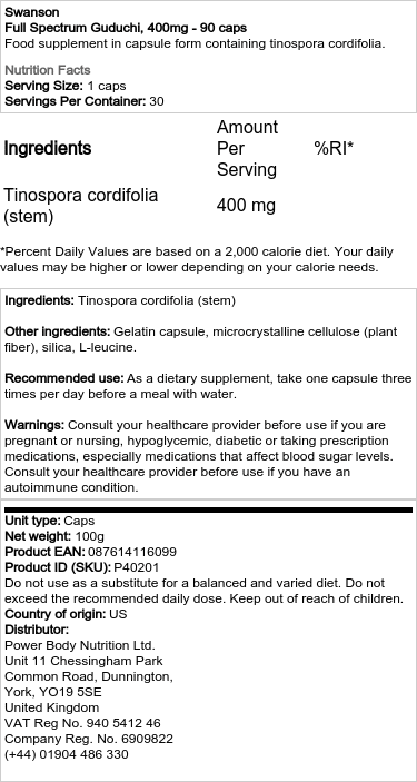 Täyden spektrin Guduchi, 400 mg - 90 kapselia - Image 3