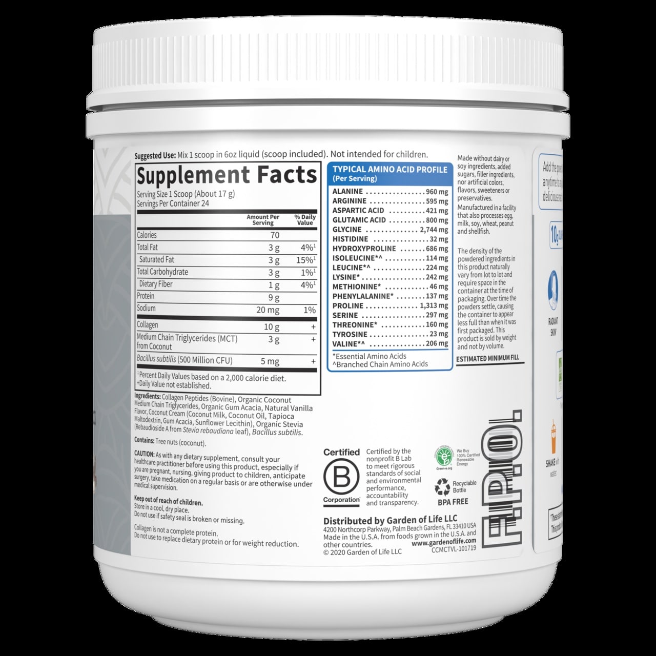 Ruoholla ruokittu kollageeni Kookos MCT Vanilja 14,39 oz (408 g) jauhe - Image 3