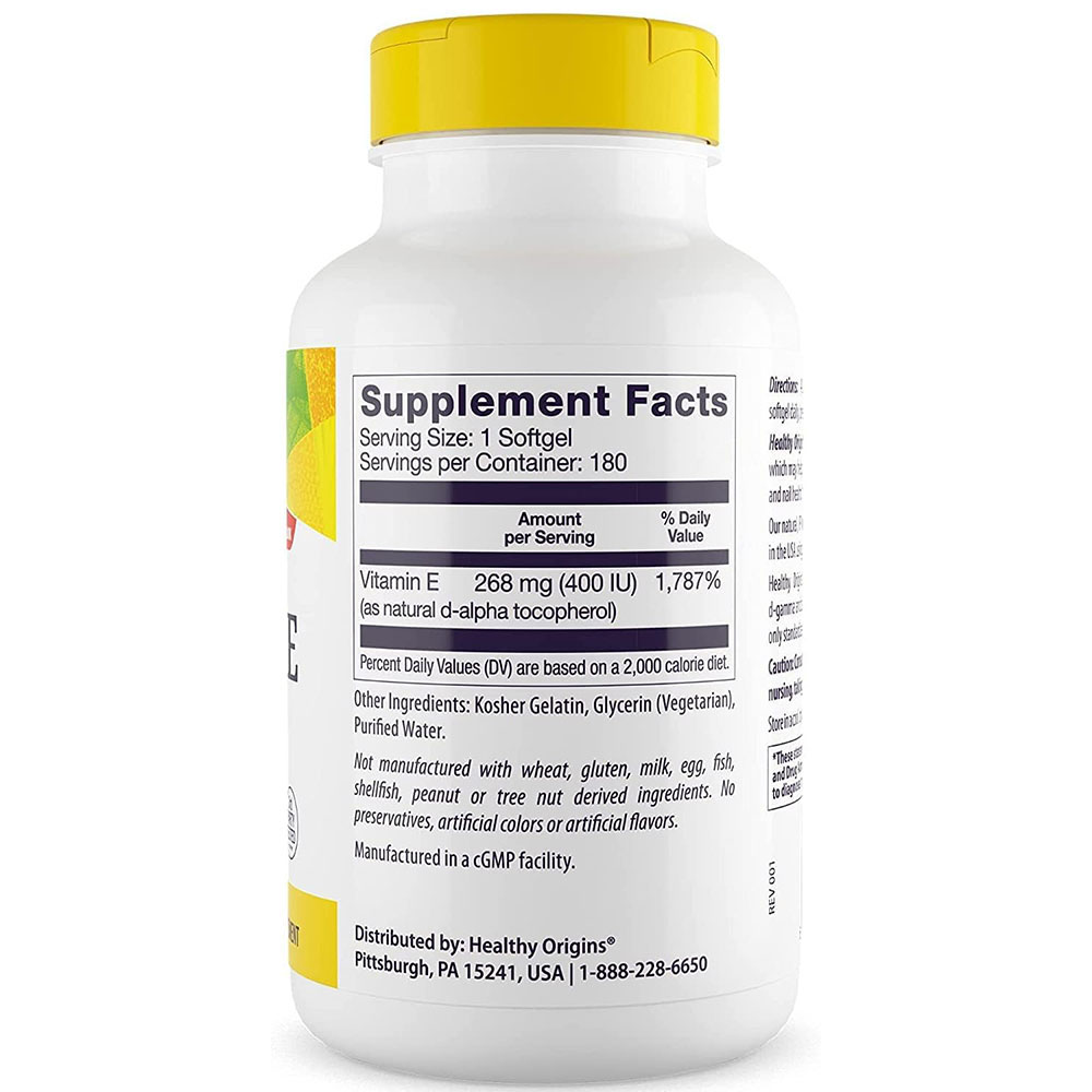 Healthy Origins Luonnollinen E-vitamiini 400 IU 180 pehmeää kapselia - Image 3