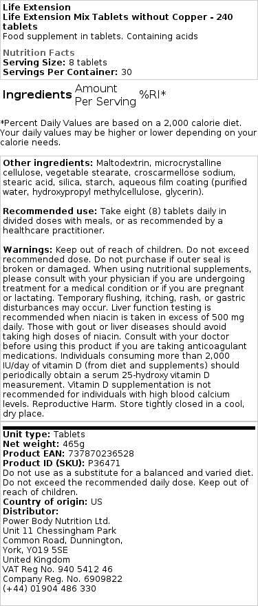 Life Extension Mix -tabletit ilman kuparia - 240 tablettia - Image 2