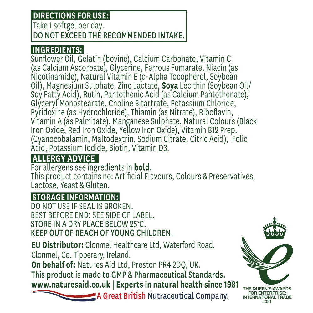 Natures Aid - Natures Aid monivitamiinit ja mineraalit (raudalla) (90 pehmeää kapselia) - Image 2