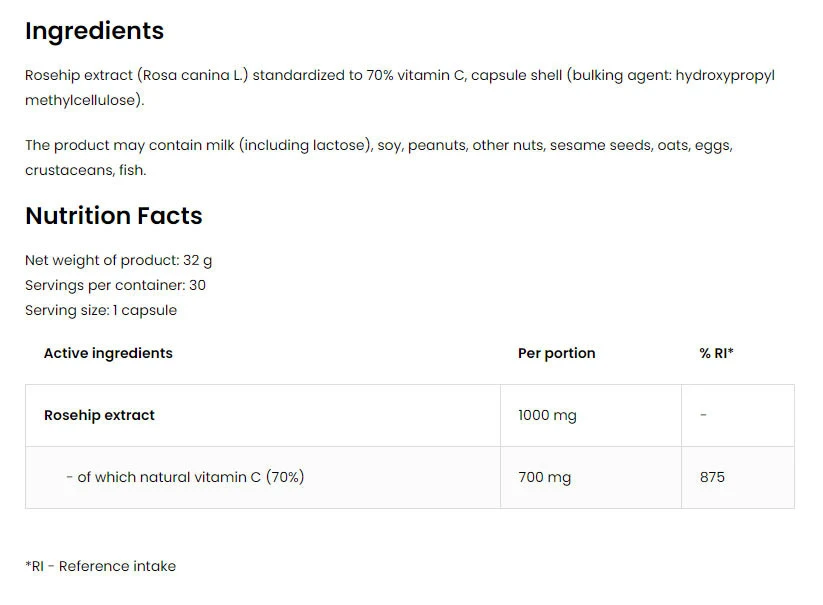OstroVit Pharma Luonnollinen C-vitamiini Ruusunmarjasta (30 kapselia) - Image 2