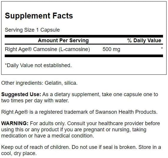 Swanson - L-karnosiini 500 mg, 60 kapselia - Image 3