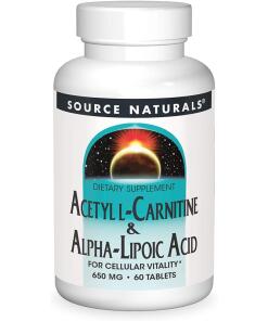 Source Naturals Asetyyli-L-karnitiini & Alfa-lipoiinihappo 650 mg, 60 kasvispohjaista tablettia - Image 2
