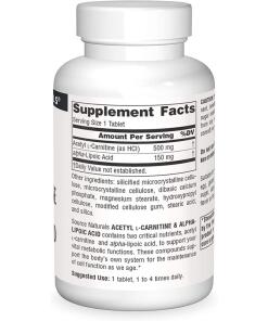 Source Naturals Asetyyli-L-karnitiini & Alfa-lipoiinihappo 650 mg, 60 kasvispohjaista tablettia - Image 3