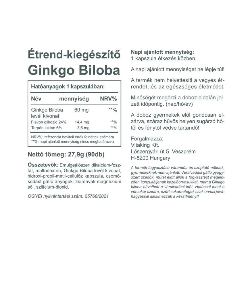 Vitaking - Ginkgo Biloba 60 mg lehtiuute (90 kapselia) - Image 2