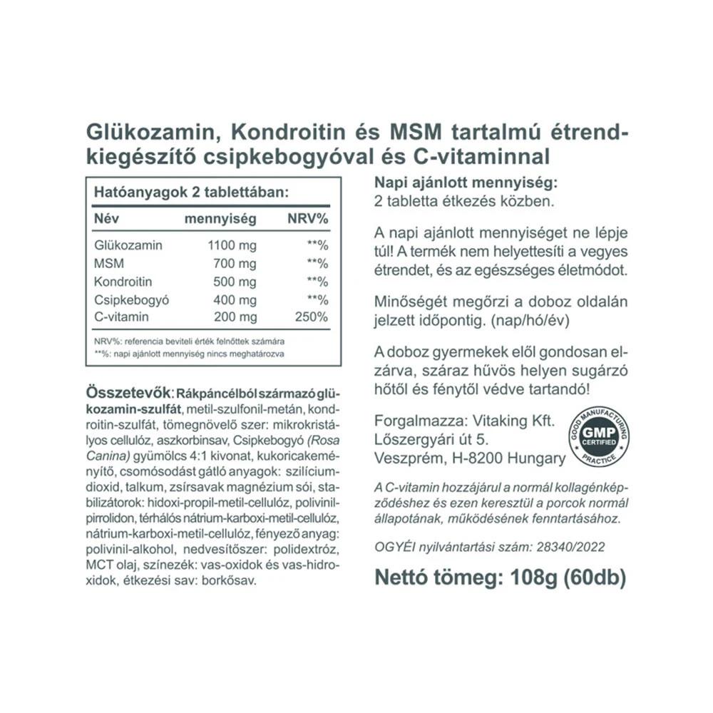 Vitaking - Nivelten hoitoon: Glukosamiini + Kondroitiini + MSM (60 tablettia) - Image 2