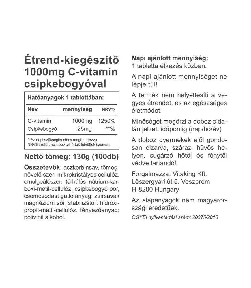 Vitaking - Vitaking C-vitamiini 1000 mg ruusunmarjalla (100 tablettia) - Image 2