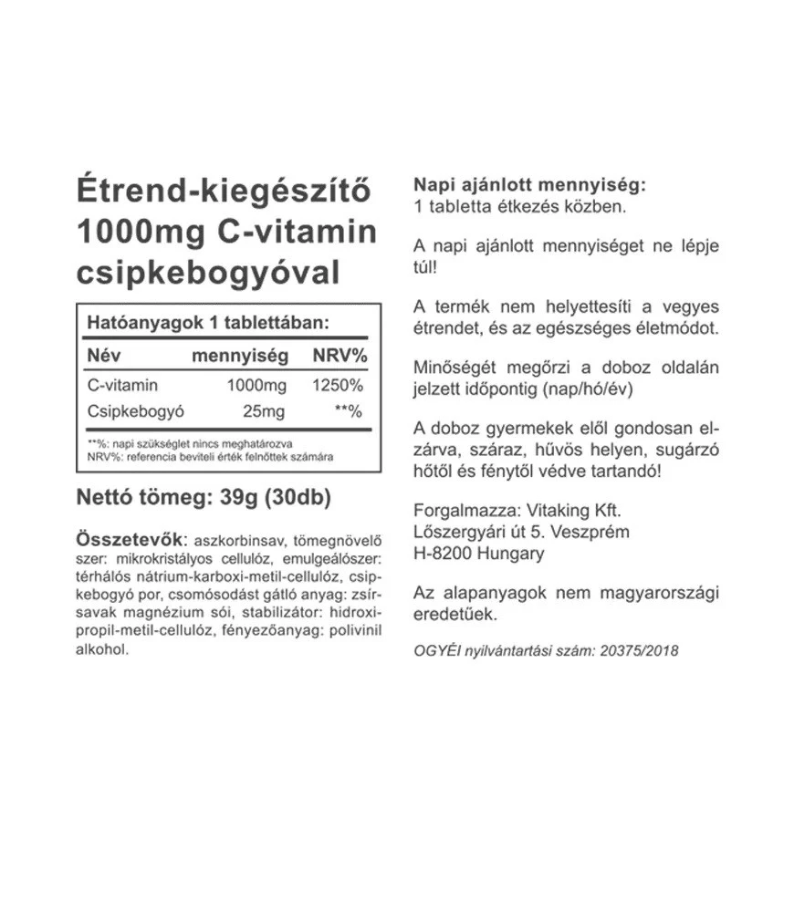 Vitaking - Vitaking C-vitamiini 1000 mg ruusunmarjalla (30 tablettia) - Image 2