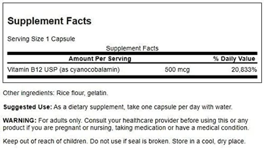 B12-vitamiini, 500 mikrogrammaa - 100 kapselia - Image 3