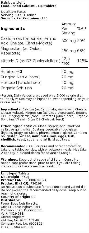 Elintarvikepohjainen kalsium - 180 tablettia - Image 2